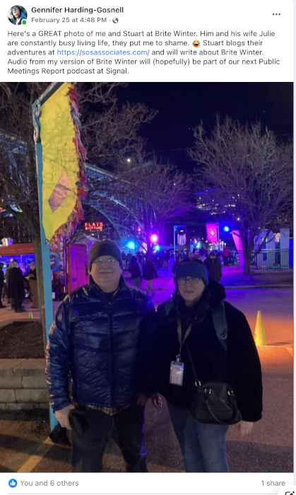 Gennifer Harding-Gosnell's post of my photo of the two of us at Brite Winter.