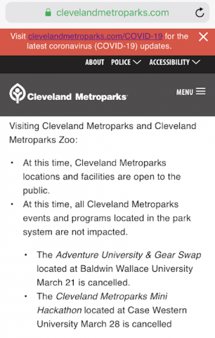 March 12, 2020, 6:40 am screenshot of the top of ClevelandMetroparks.com website and first COVID-19 announcement