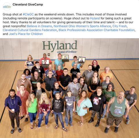 Thank you, Hyland, for hosting Cleveland GiveCamp's volunteers, who generously gave of their talent to provide free tech to the Cleveland GiveCamp 2022 Nonprofit Partners!