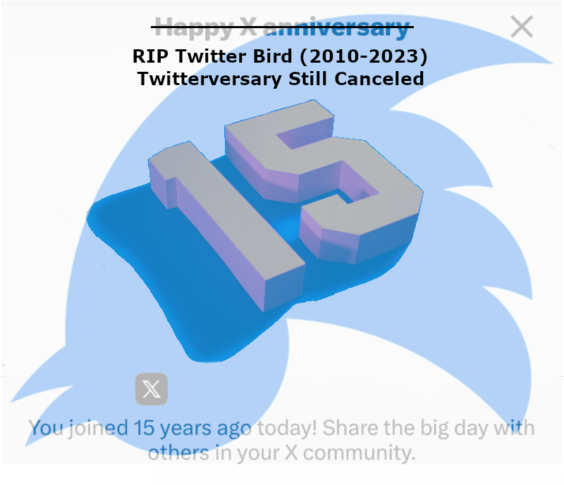 RIP Twitter Bird (2010 - 2023). Twitterversary is still canceled.