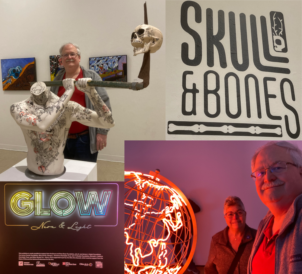 Thursday, November 14, 2024, a day of Akron art -- “Skull & Bones Exhibition” at the Myers School of Art's Emily Davis Gallery, University of Akron, and “GLOW: Neon & Light” at the Akron Art Museum’s Arnstein Galleries.