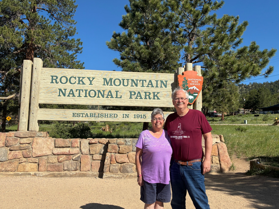 Sunday, June 15, 2025, Julie and Stuart at the Rocky Mountain National Park welcome sign