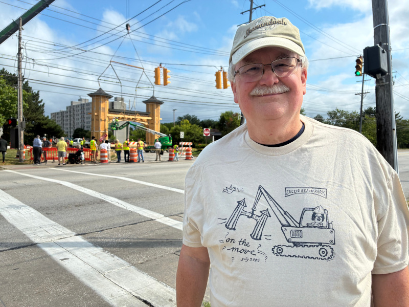 Thursday, July 17, 2025 - Stuart wearing the Euclid Beach Park Arch relocation commemorative t-shirt that was created by a local artist known as Joan of Art. This is the view of the arch before it was moved to its new location. Thursday, July 17, 2025 - Stuart wearing the Euclid Beach Park Arch relocation commemorative t-shirt that was created by a local artist known as Joan of Art. This is the view of the arch before it was moved to its new location.