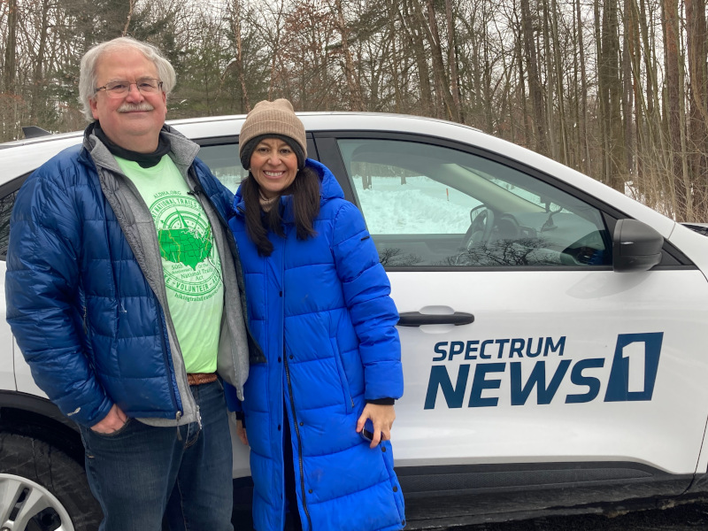 January 22, 2024, Stuart O. Smith, Jr., with Spectrum News 1 reporter Kimberly Perez at Bridal Veil Falls parking in Bedford Reservation, Cleveland Metroparks