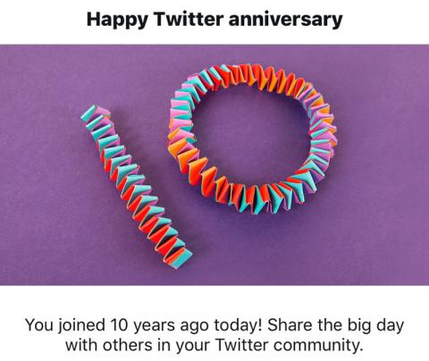 Twitter says: "Happy 10th Twitter Anniversary!"