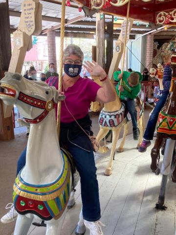 Saturday, May 1, 2021 - Julie rides the Grand Carousel at Knoebels Amusement Resort