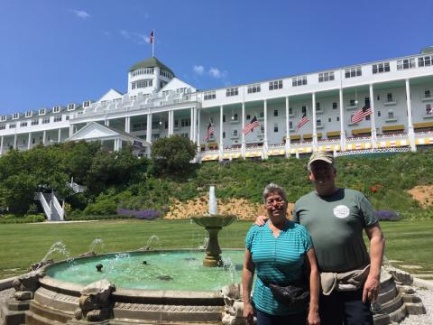 Enjoying the gardens at the Grand Hotel. Great view of the world's longest porch.